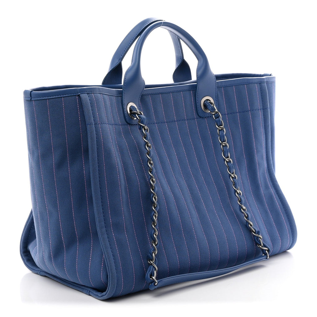 Canvas Calfskin Striped Medium Deauville Tote Blue