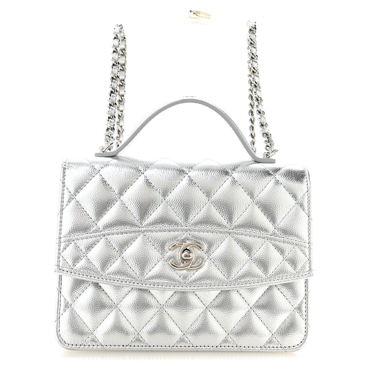 Metallic Caviar Quilted Top Handle Wallet on Chain WOC Silver