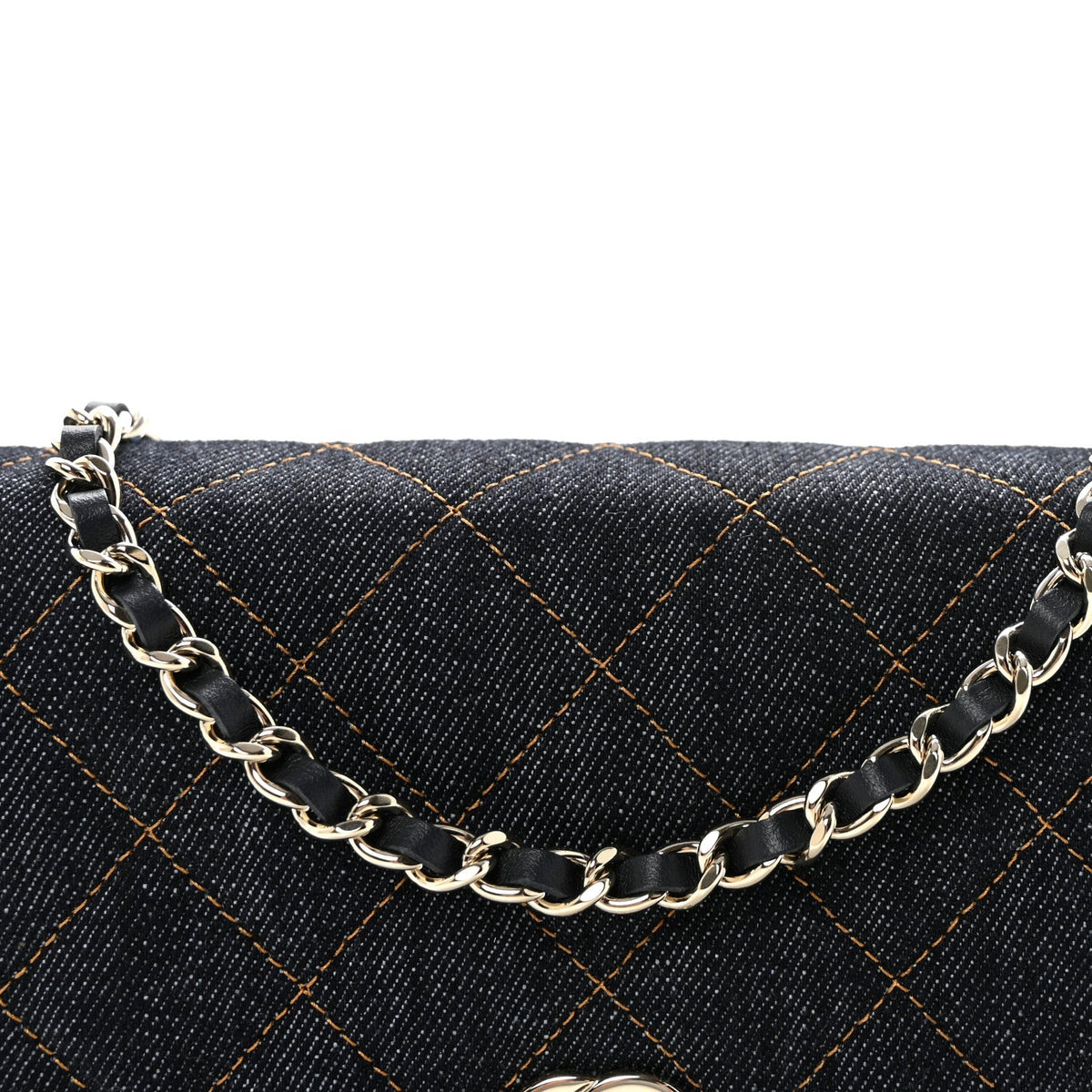 Denim Quilted CC Turnlock Wallet On Chain WOC Dark Blue Orange