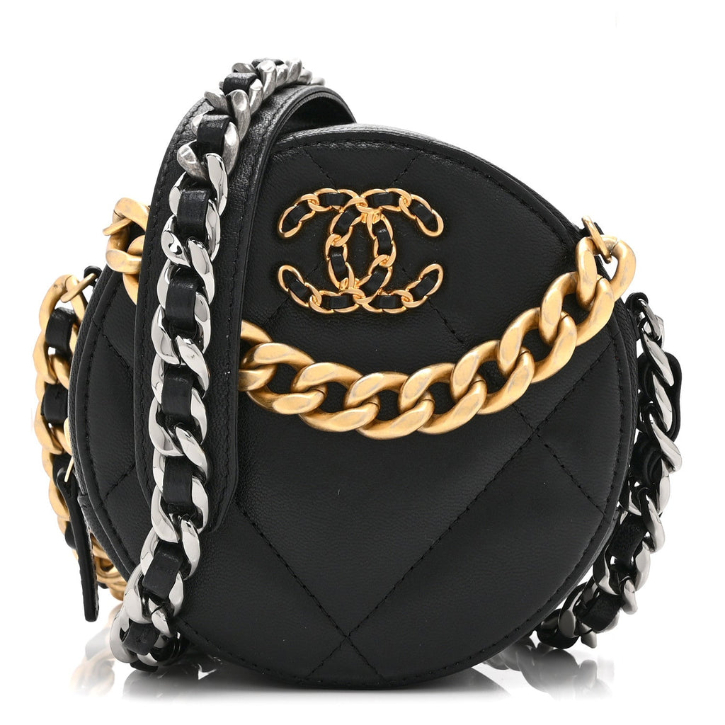 Shiny Goatskin Quilted Chanel 19 Round Clutch With Chain Black