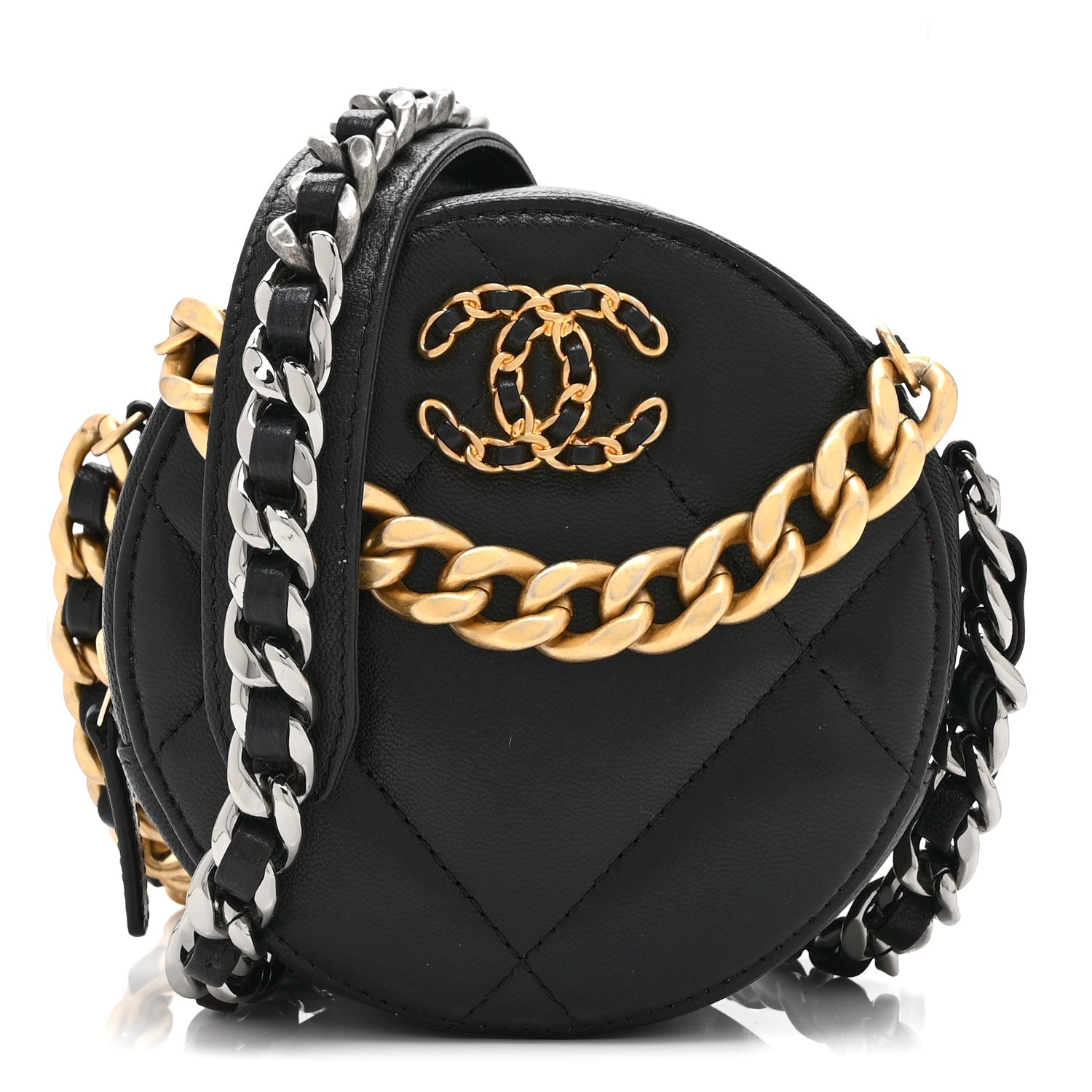 Shiny Goatskin Quilted Chanel 19 Round Clutch With Chain Black
