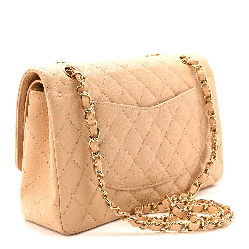 Caviar Quilted Medium Double Flap Beige
