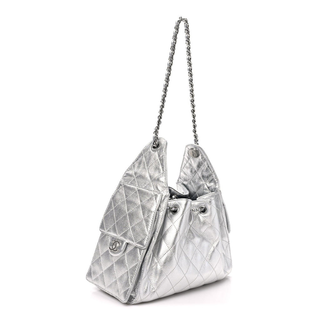 Metallic Caviar Quilted Small Chanel 25 Handbag Silver