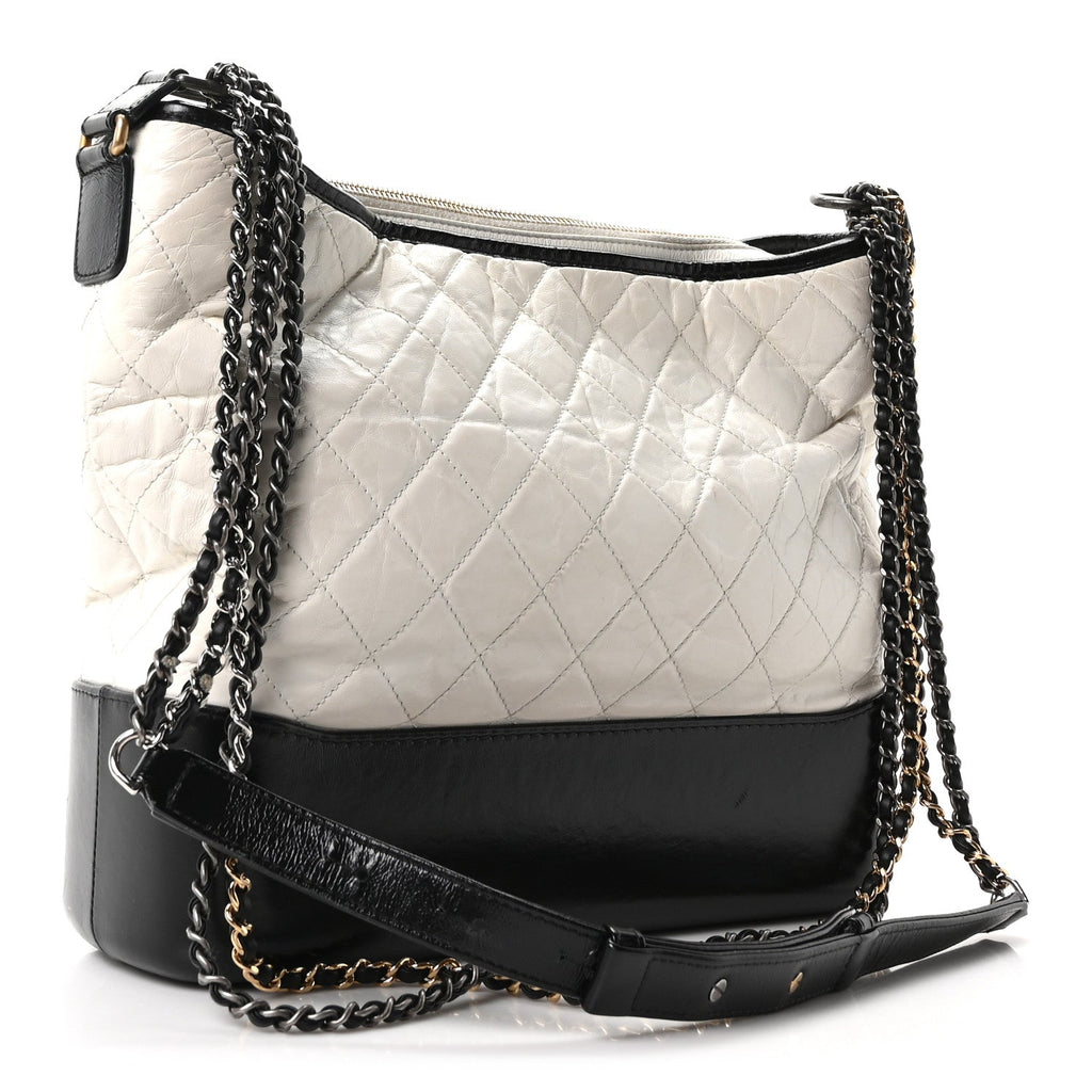 Aged Calfskin Quilted Large Gabrielle Hobo White Black