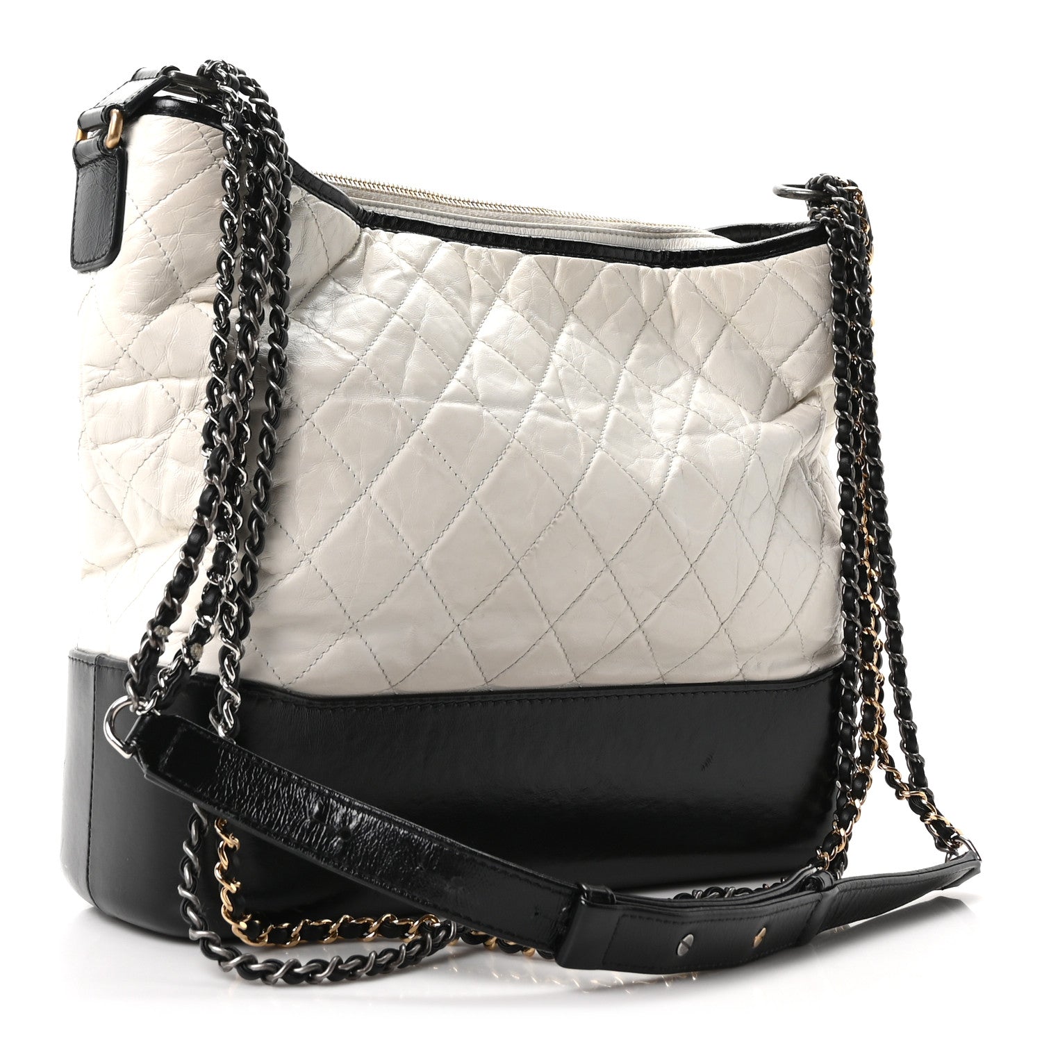 Aged Calfskin Quilted Large Gabrielle Hobo White Black