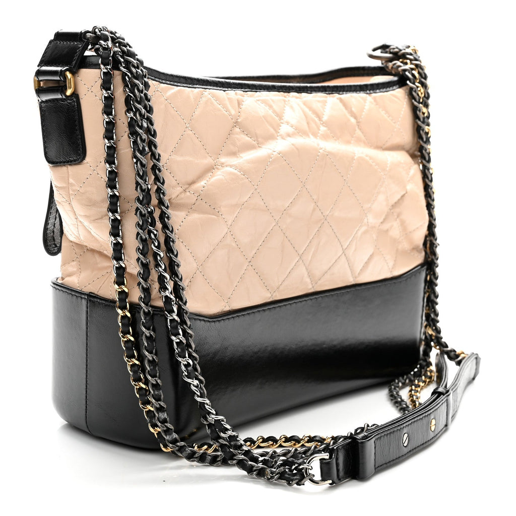Aged Calfskin Quilted Medium Gabrielle Hobo Beige Black