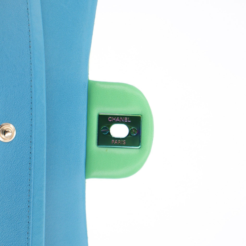 Lambskin Quilted Small Double Flap Green Blue
