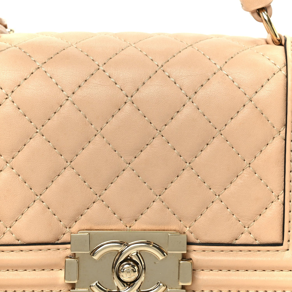 Calfskin Quilted Small Boy Top Handle Flap Beige Clair