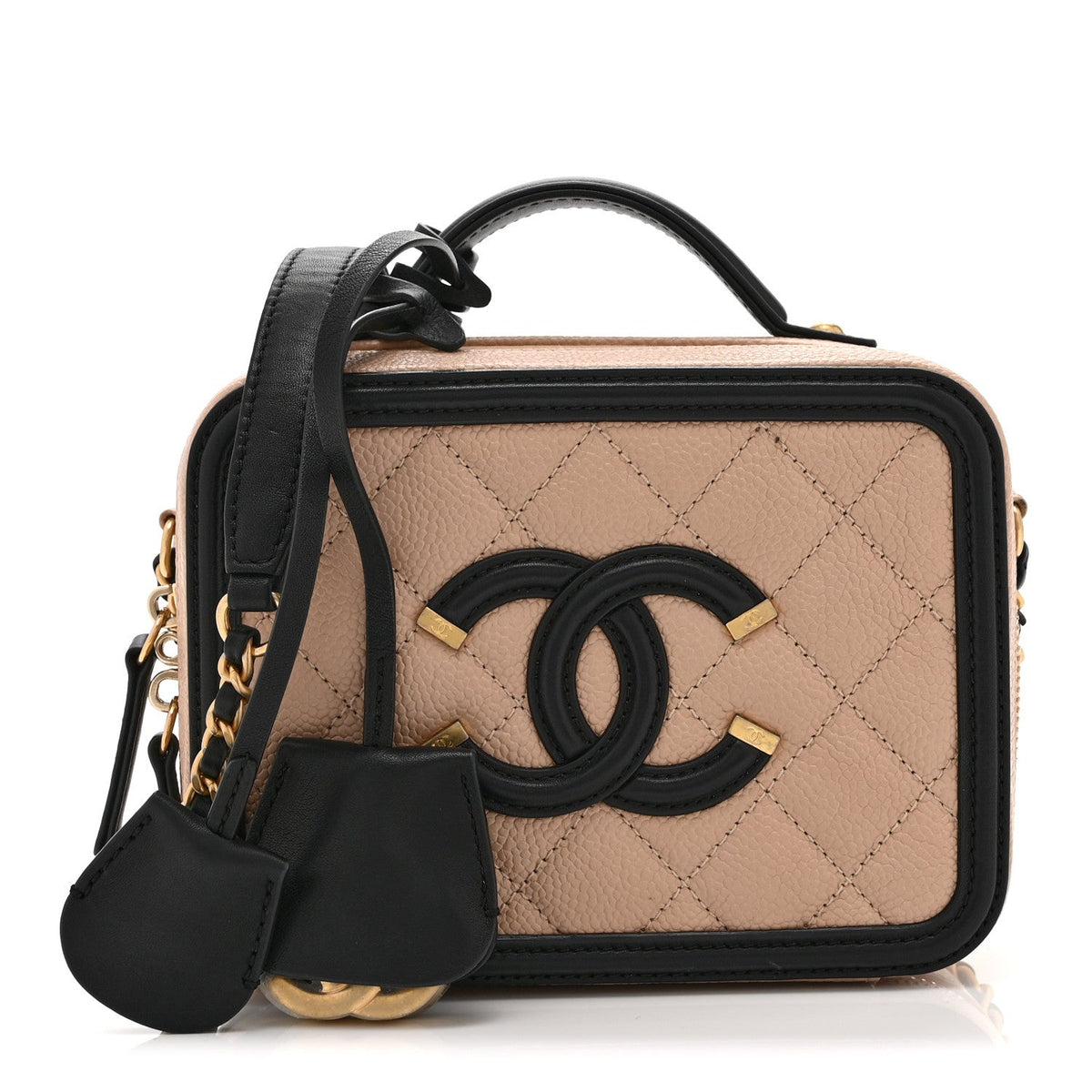 Caviar Quilted Small CC Filigree Vanity Case Beige Black