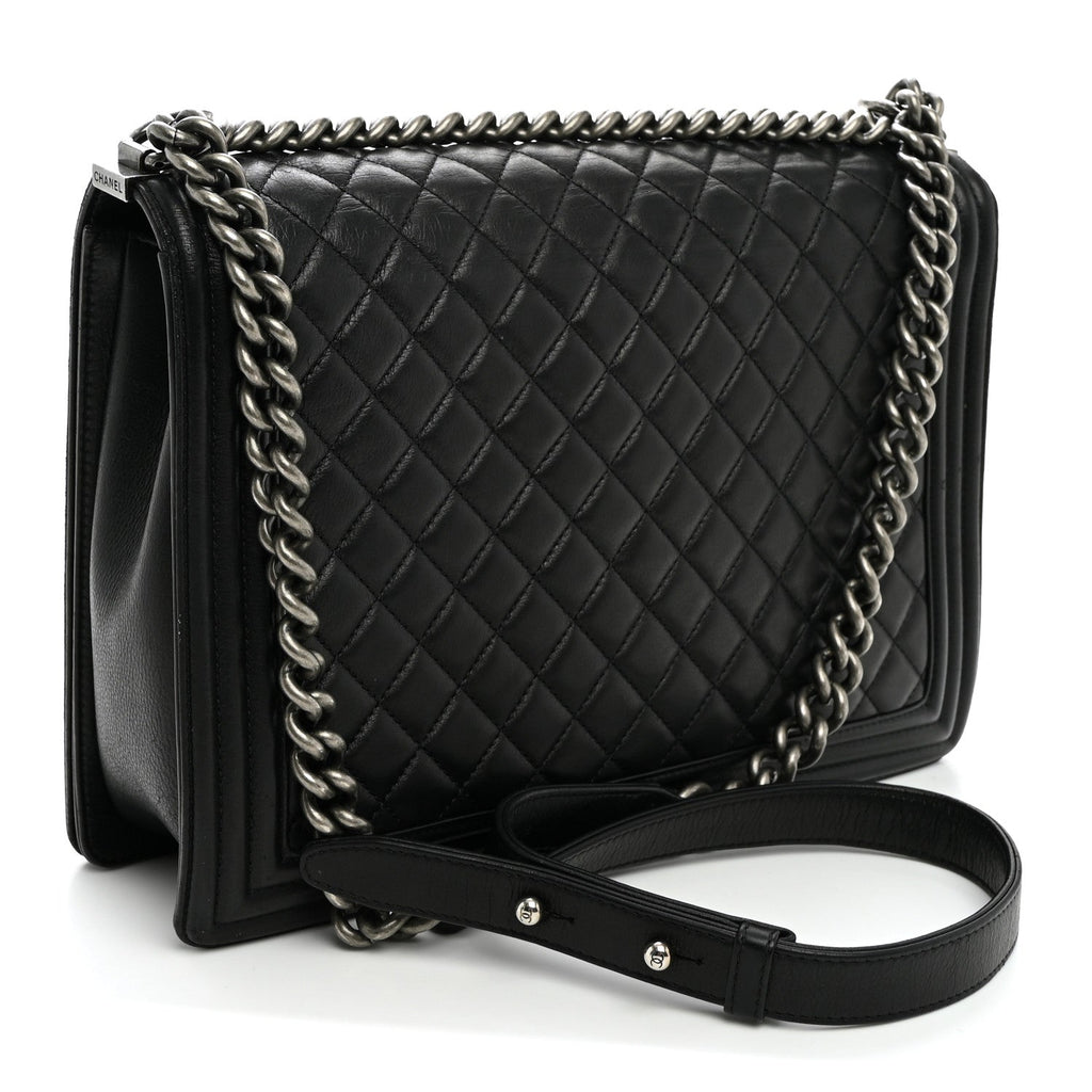 Calfskin Quilted Large Boy Flap Black
