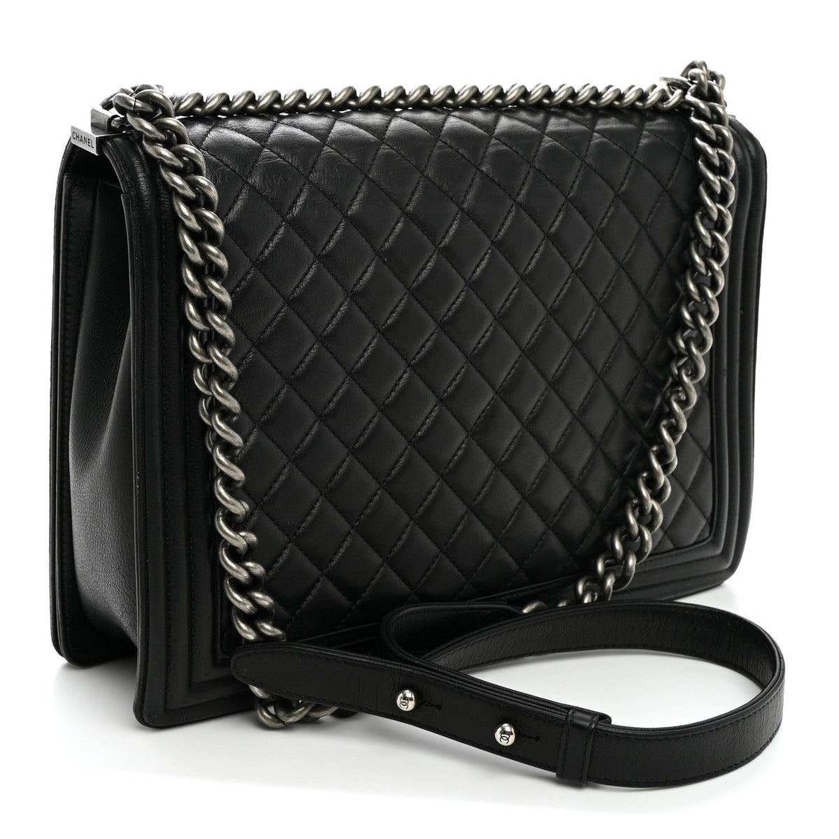 Calfskin Quilted Large Boy Flap Black