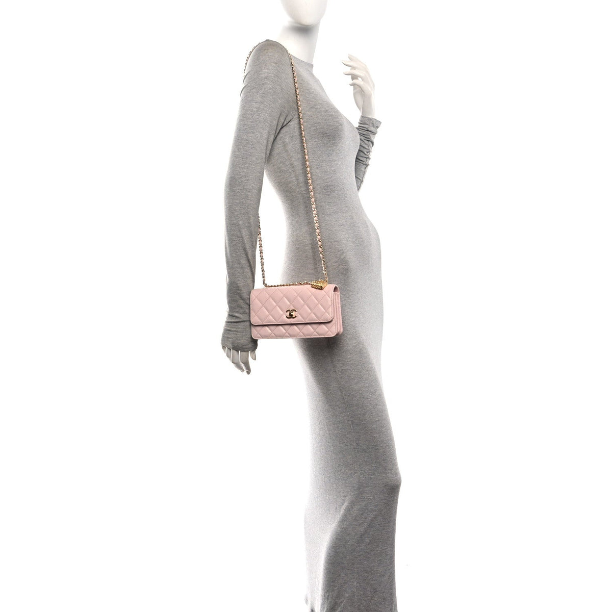 Shiny Caviar Quilted Flap Charm Wallet On Chain WOC Light Pink