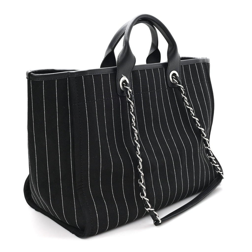 Canvas Calfskin Striped Medium Deauville Tote Black White