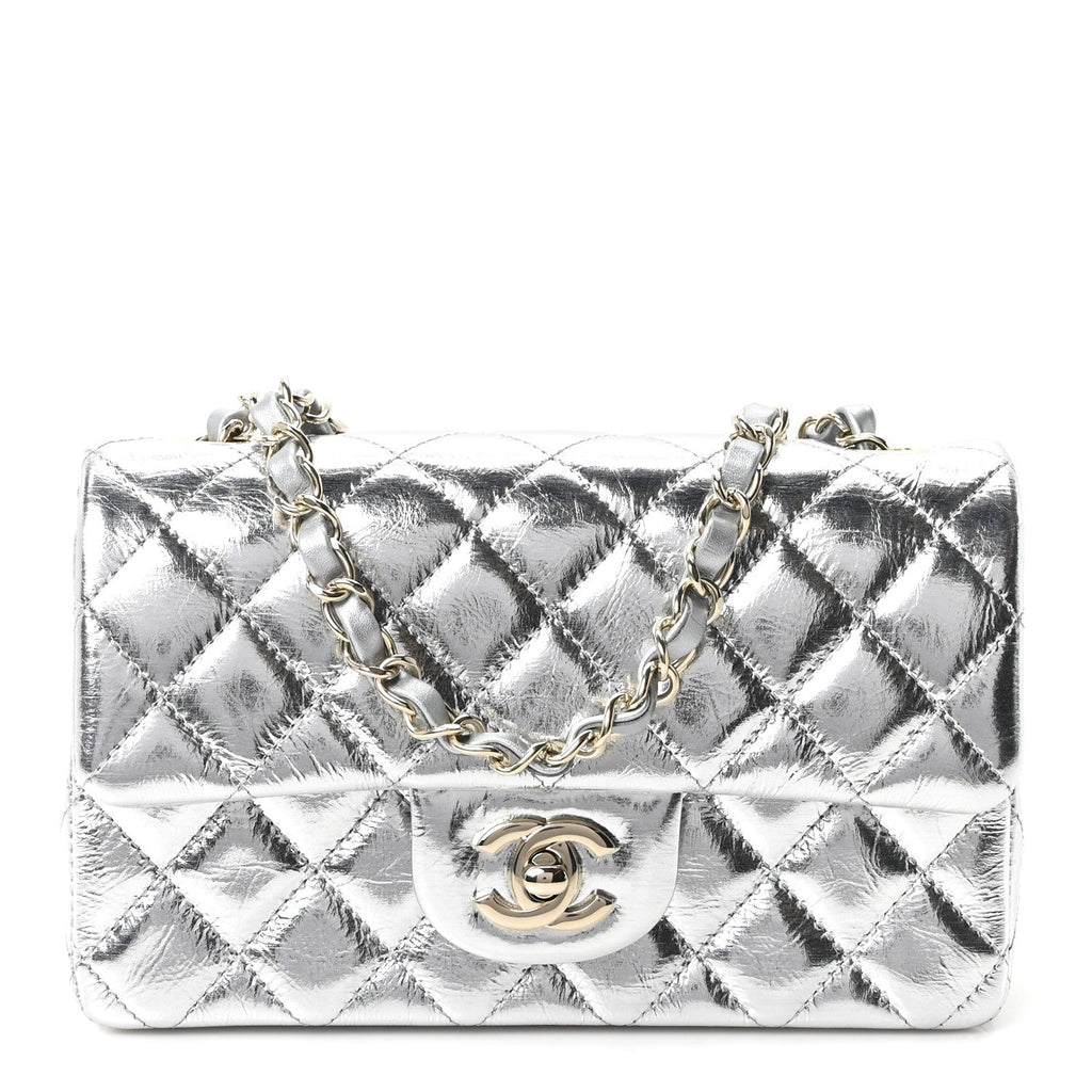 Hammered Metallic Calfskin Quilted Small Double Flap Silver