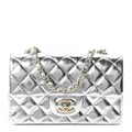 Hammered Metallic Calfskin Quilted Small Double Flap Silver