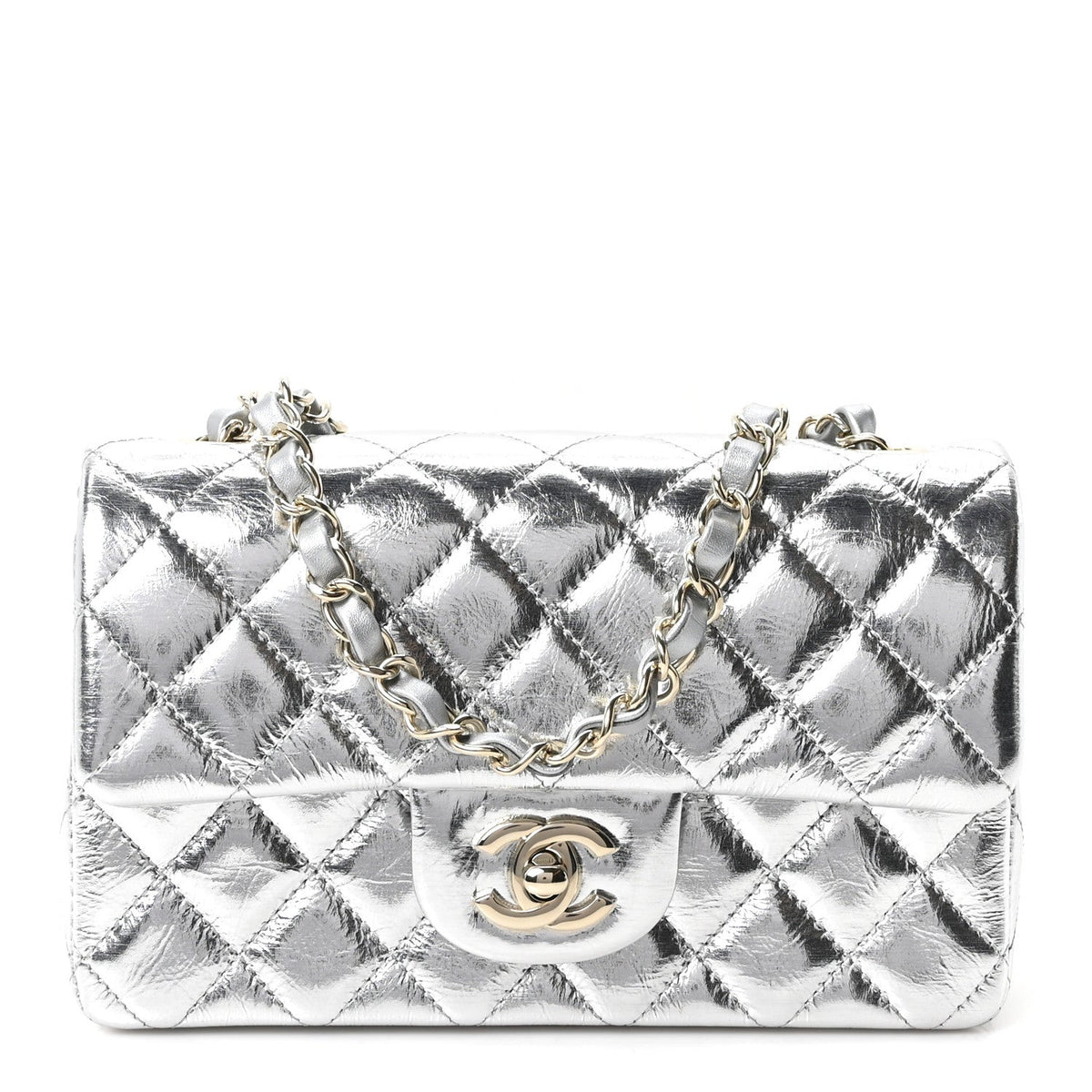 Hammered Metallic Calfskin Quilted Small Double Flap Silver