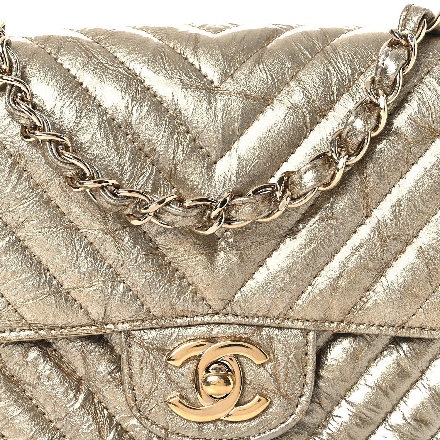 Metallic Crumpled Calfskin Chevron Quilted Mini Square Flap Gold