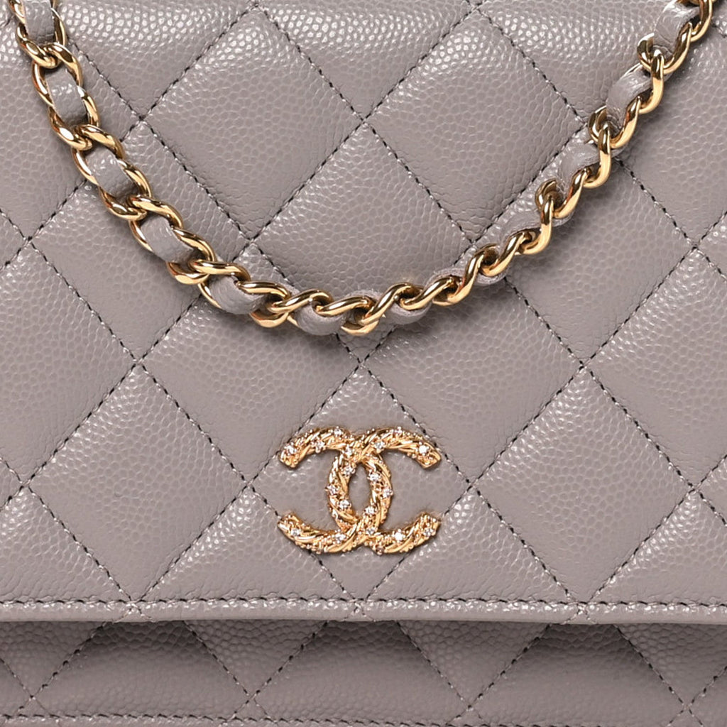 Grained Calfskin Quilted Strass CC Wallet On Chain WOC Dark Grey