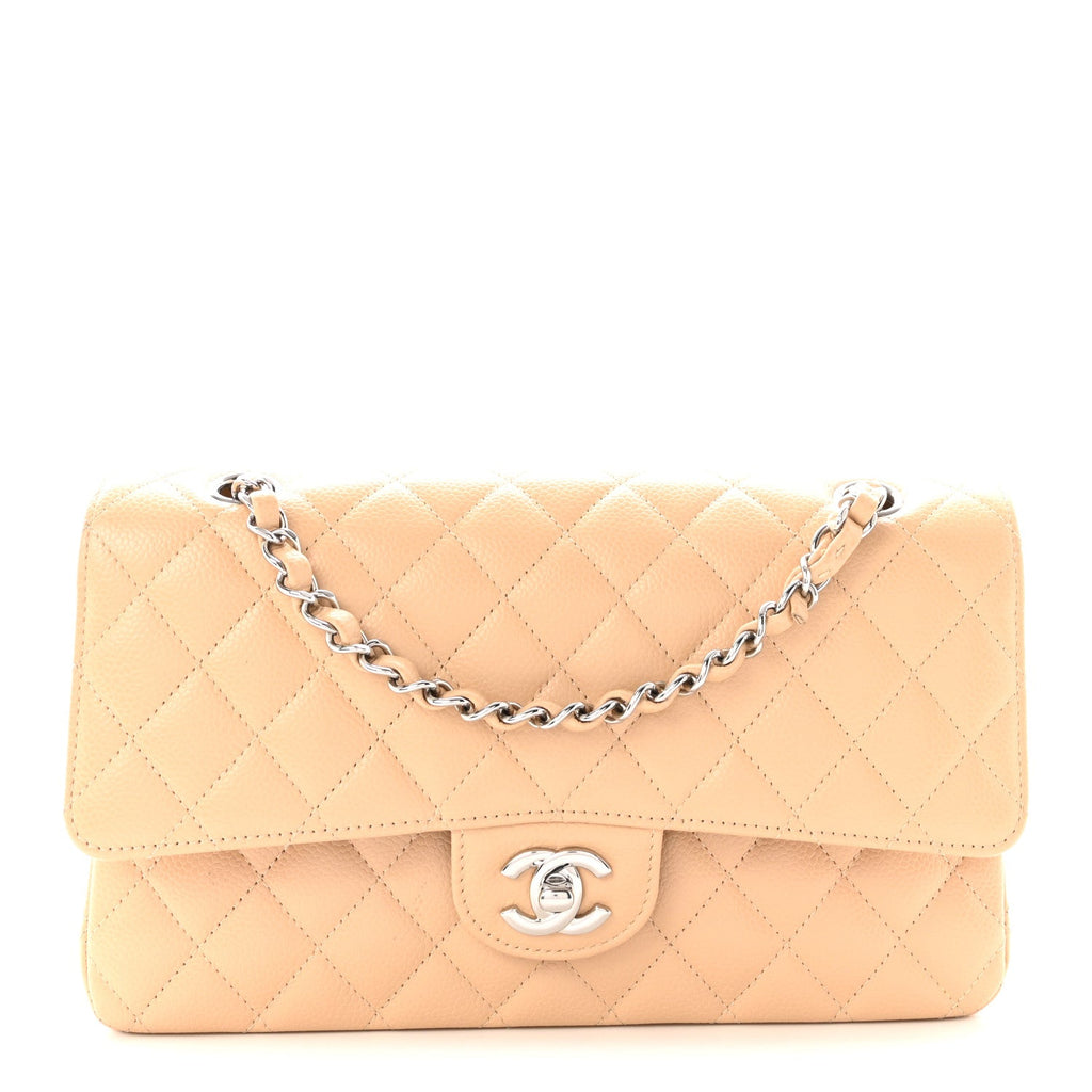 Caviar Quilted Medium Double Flap Beige