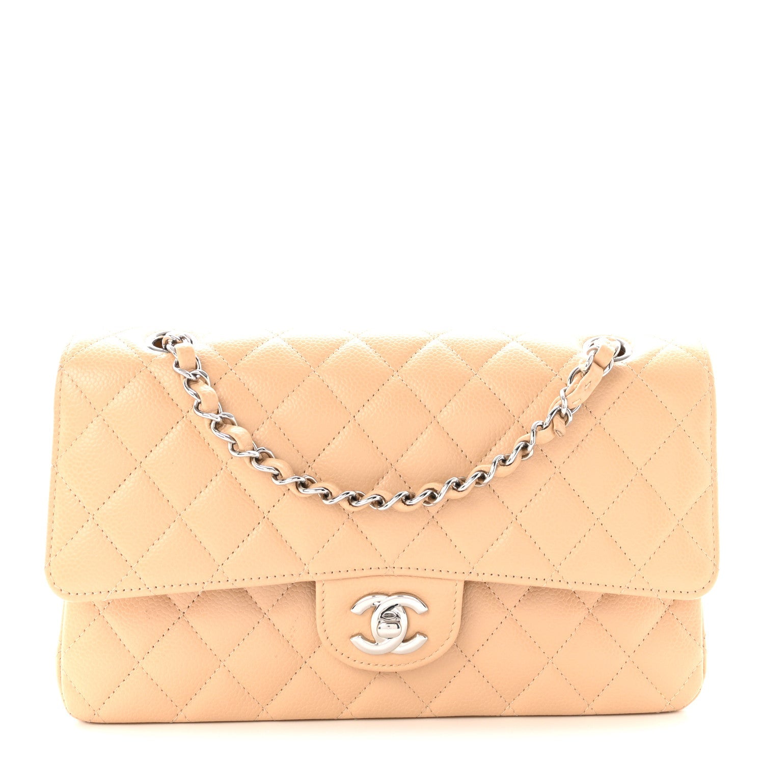 Caviar Quilted Medium Double Flap Beige