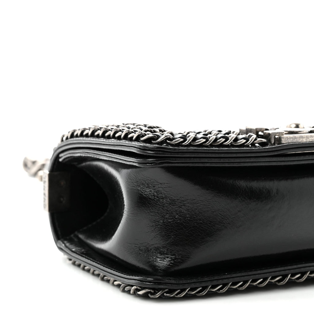 Glazed Calfskin Quilted Small Boy Chained Flap Black