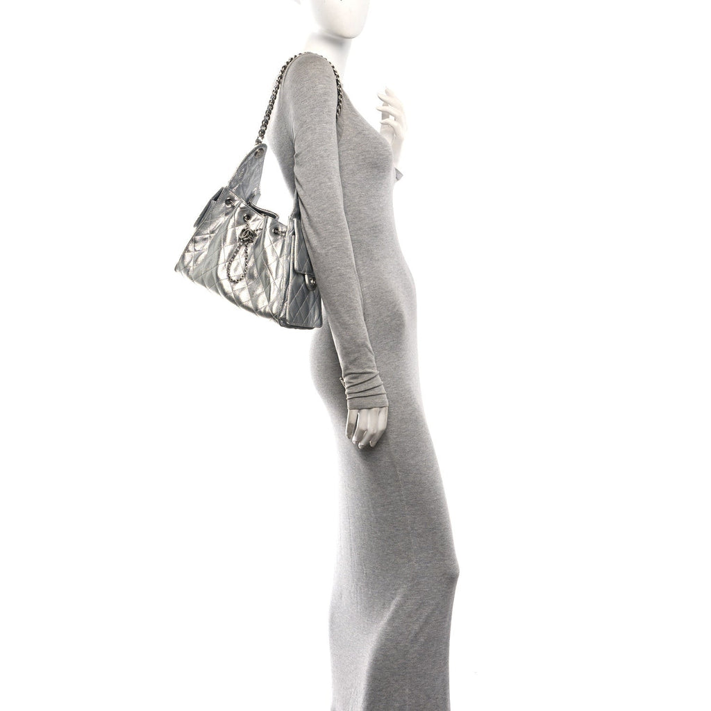 Metallic Caviar Quilted Small Chanel 25 Handbag Silver