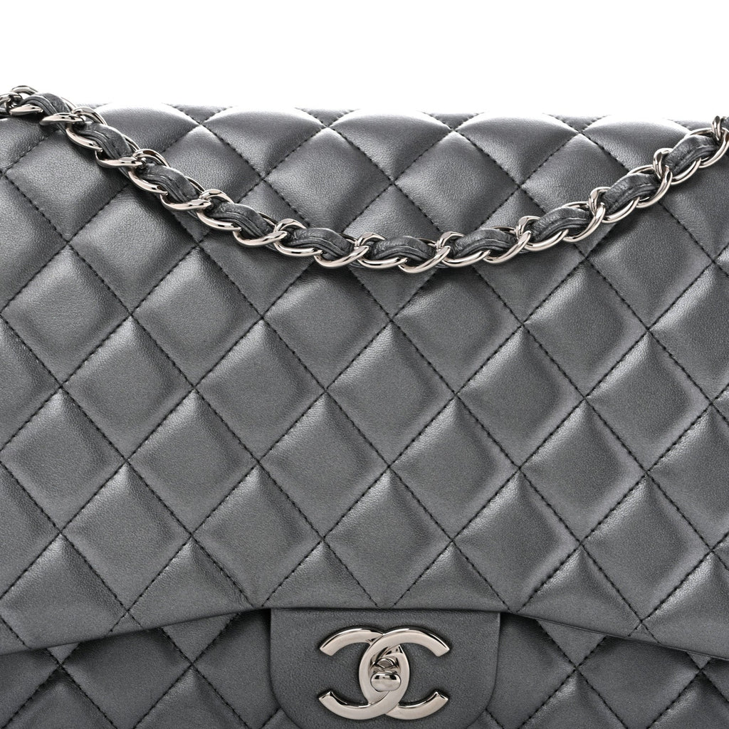 Metallic Lambskin Quilted Maxi Double Flap Pewter