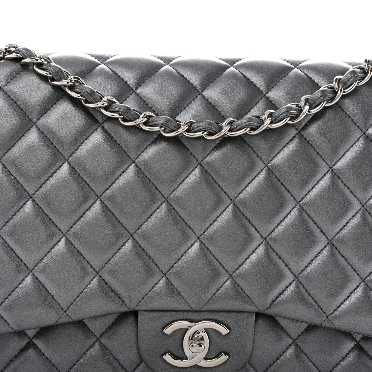 Metallic Lambskin Quilted Maxi Double Flap Pewter