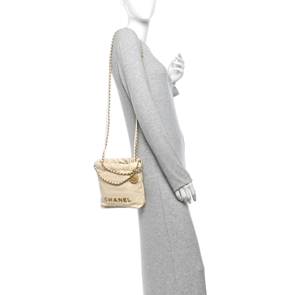Shiny Calfskin Quilted Mini Chanel 22 Light Beige