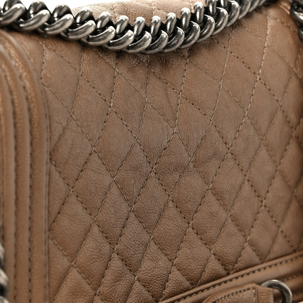 Metallic Calfskin Quilted Medium Boy Flap Taupe