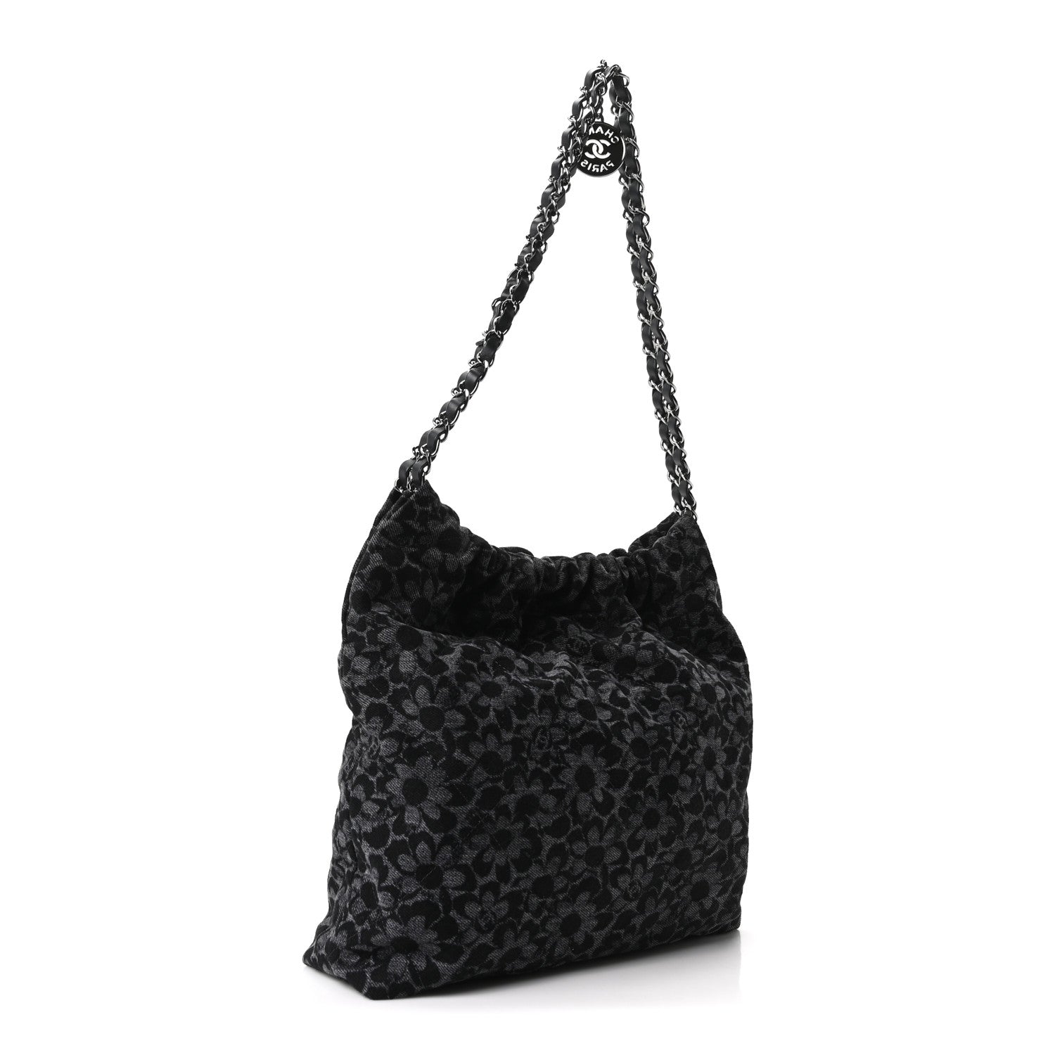Denim Quilted Floral Print Small Chanel 22 Black