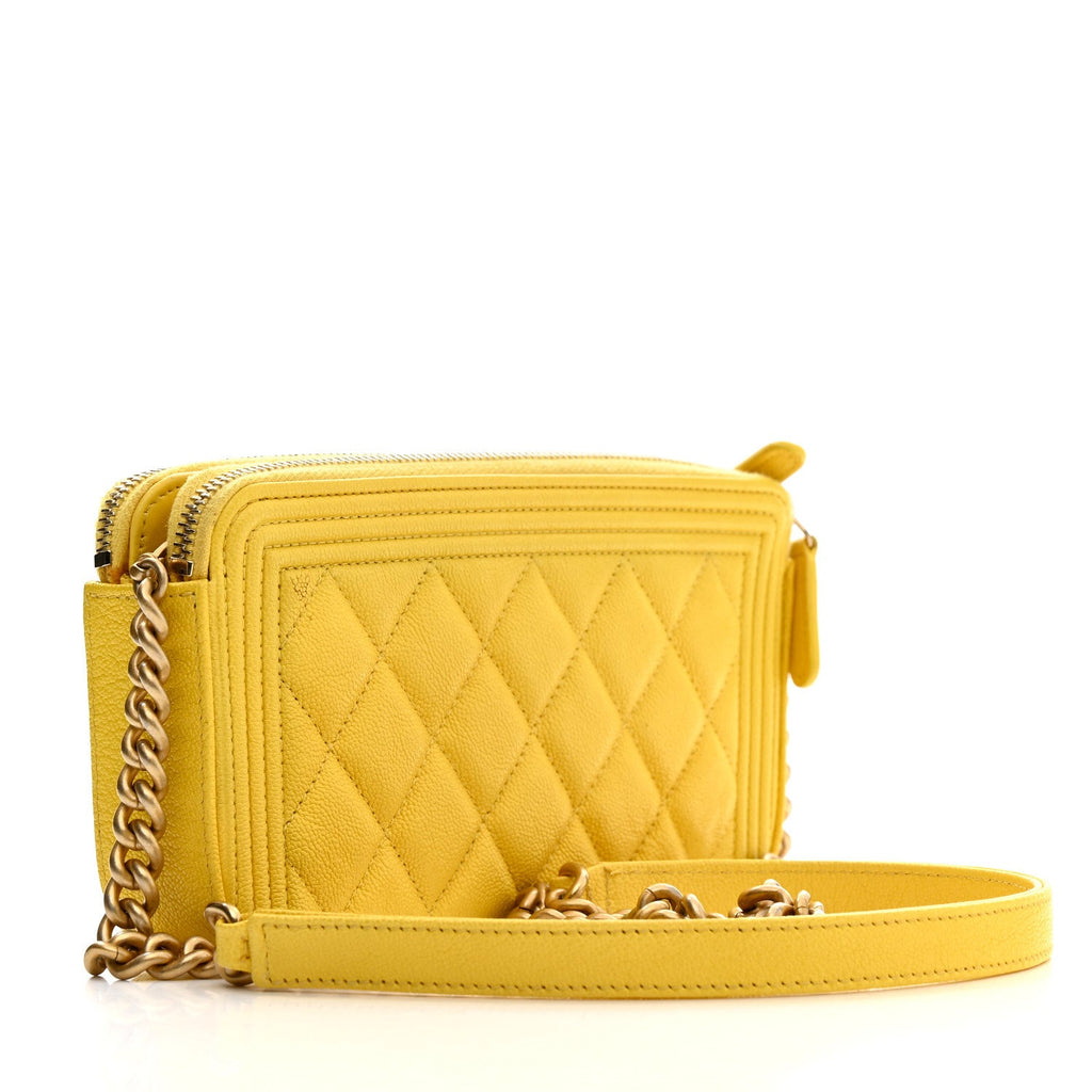 Caviar Quilted Small Boy Clutch With Chain Yellow