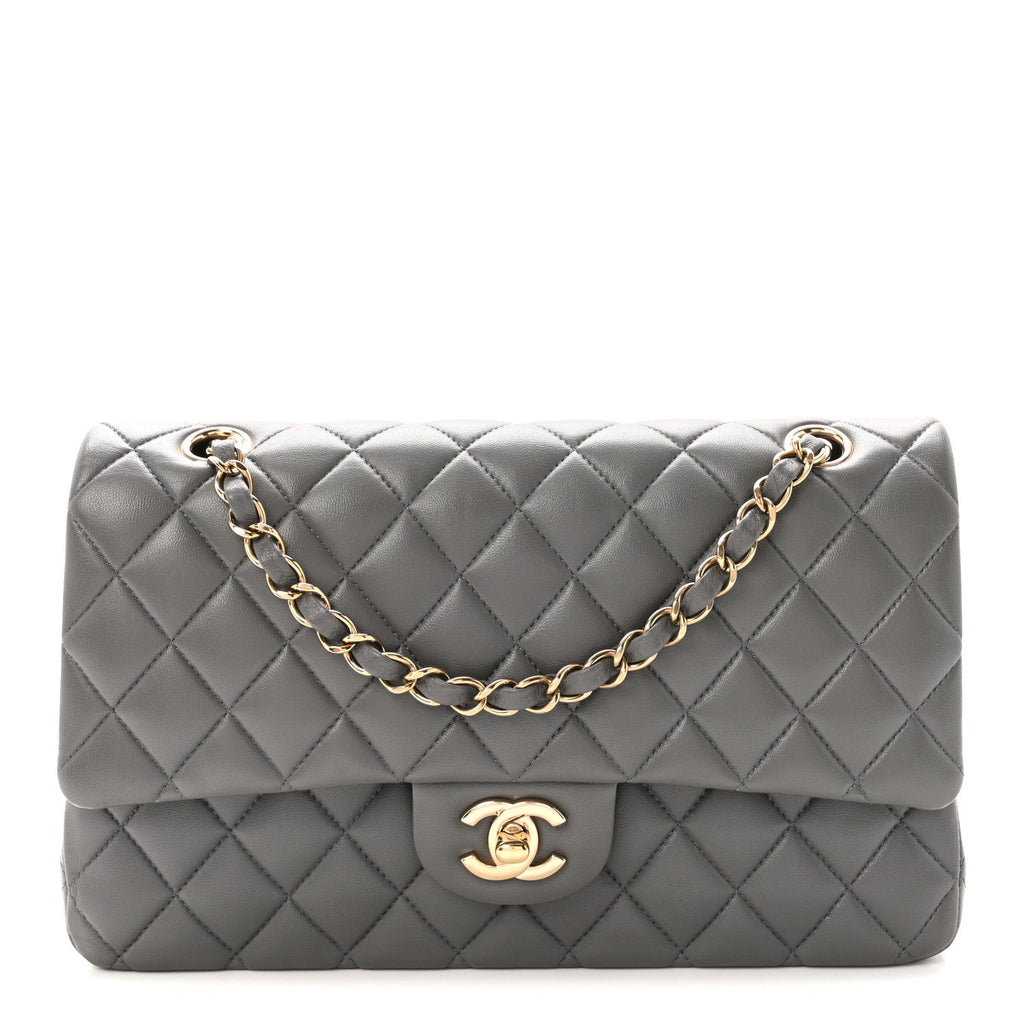 Lambskin Quilted Medium Double Flap Grey