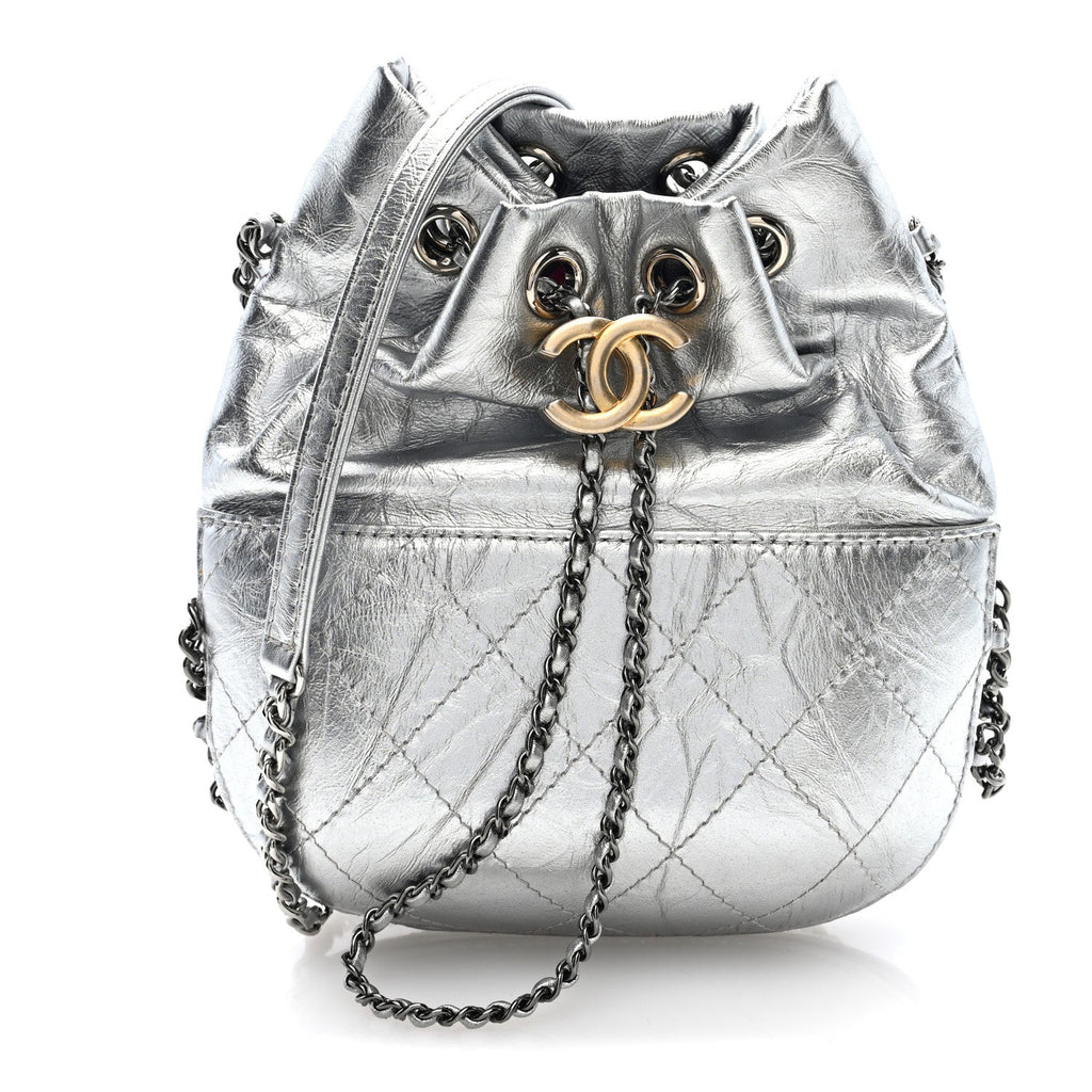 Metallic Aged Calfskin Quilted Small Gabrielle Bucket Silver