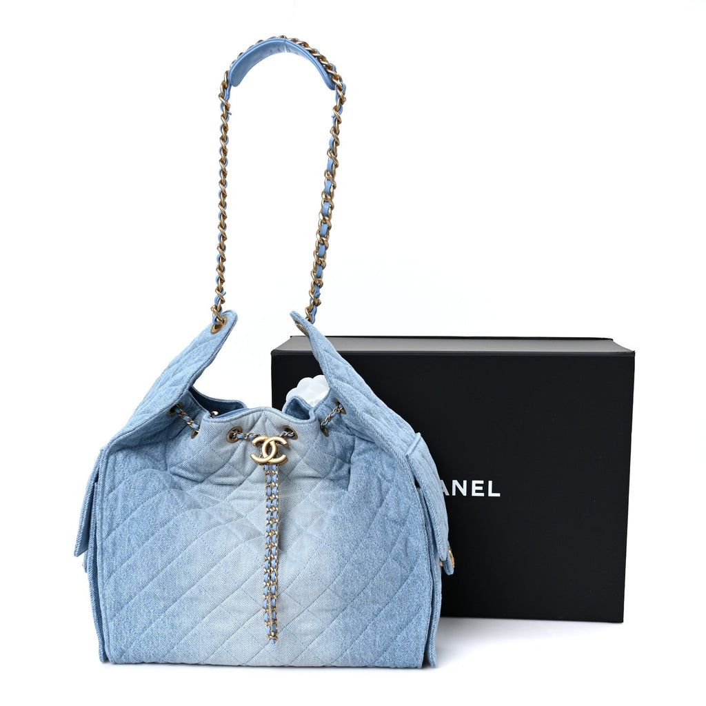 Washed Denim Quilted Medium Chanel 25 Handbag Blue