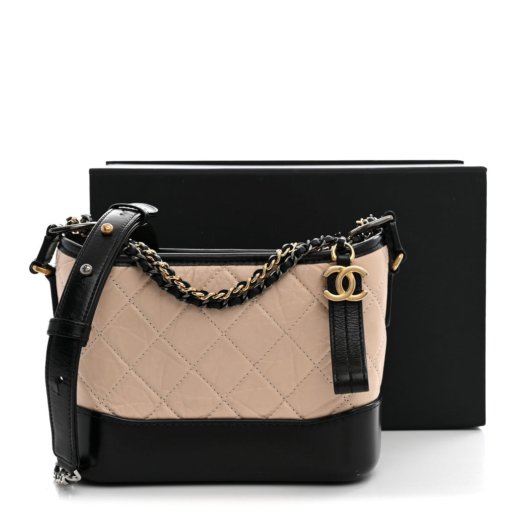 Aged Calfskin Quilted Small Gabrielle Hobo Beige Black