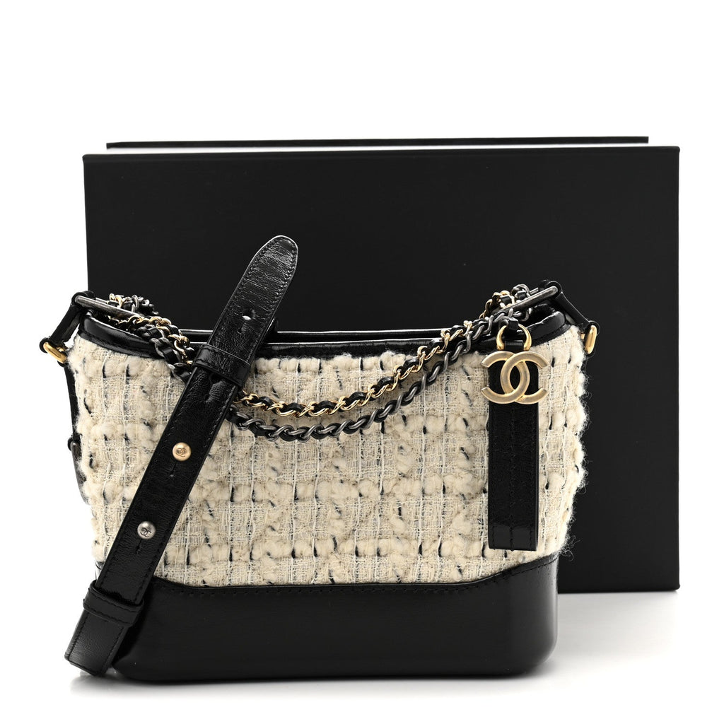Tweed Calfskin Quilted Small Gabrielle Hobo Ivory Black