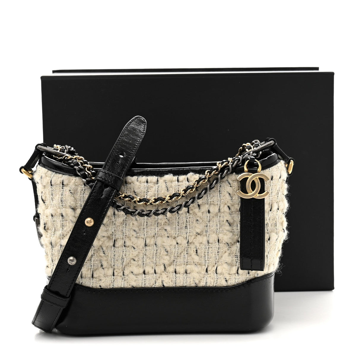 Tweed Calfskin Quilted Small Gabrielle Hobo Ivory Black