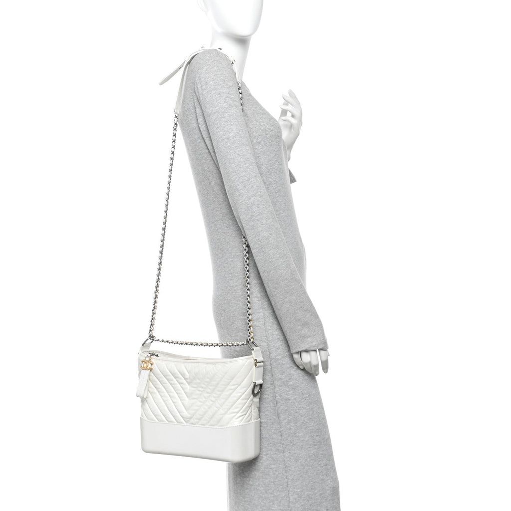 Aged Calfskin Chevron Quilted Medium Gabrielle Hobo White