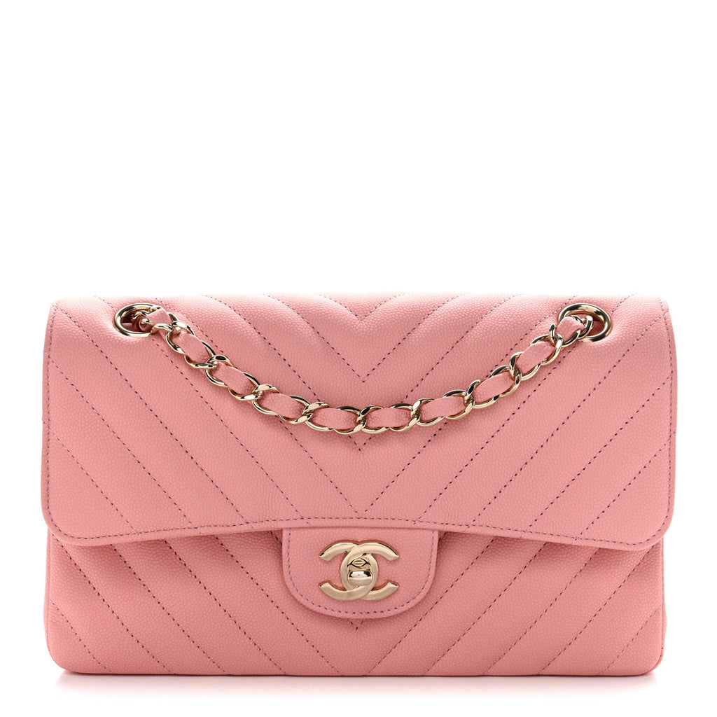 Caviar Chevron Quilted Small Double Flap Pink