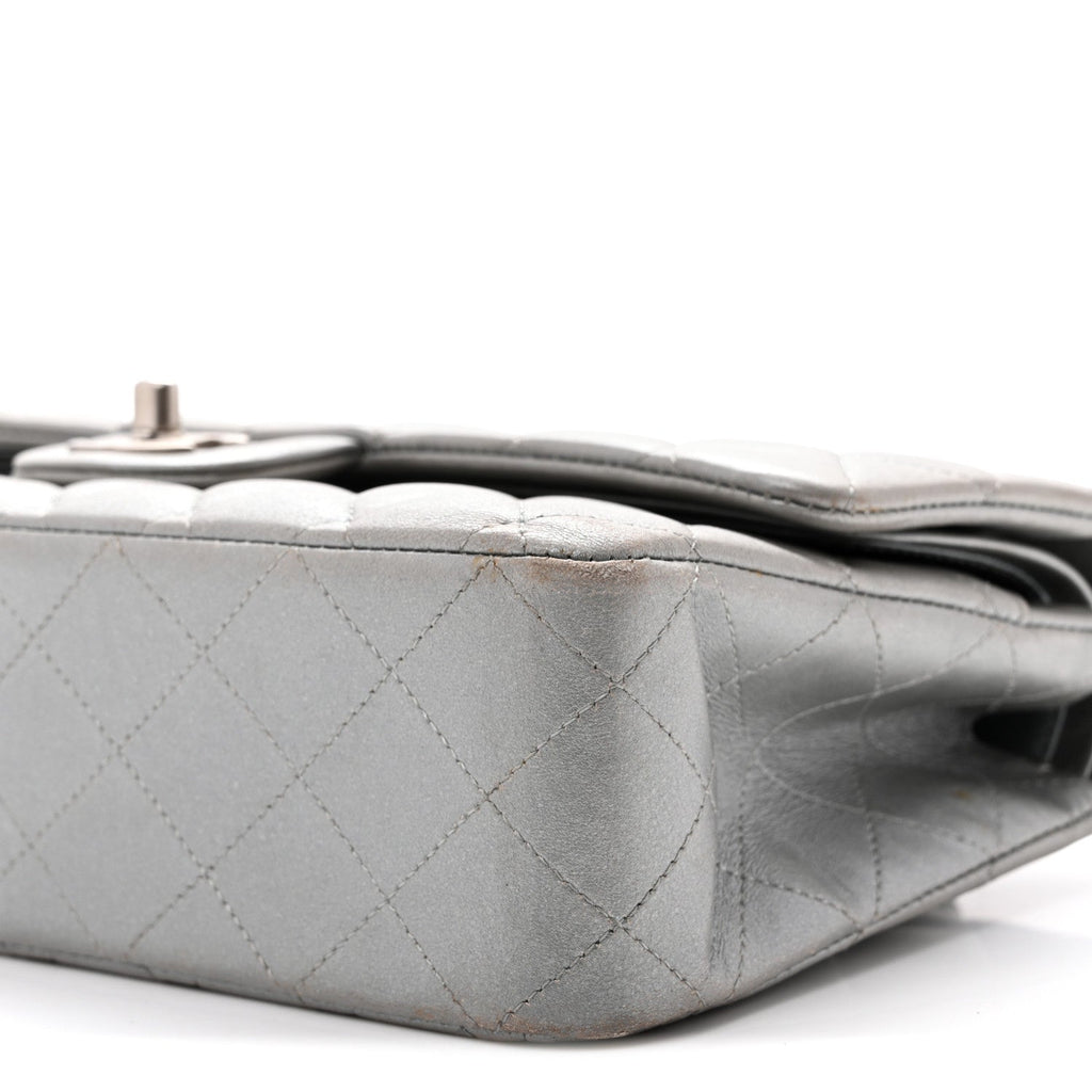 Metallic Lambskin Quilted Medium Double Flap Silver