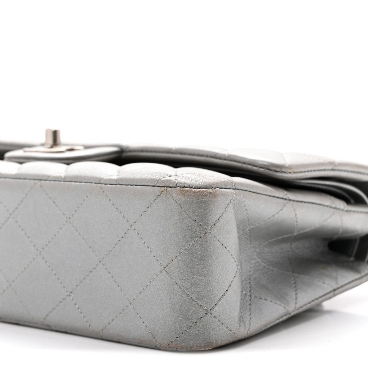 Metallic Lambskin Quilted Medium Double Flap Silver