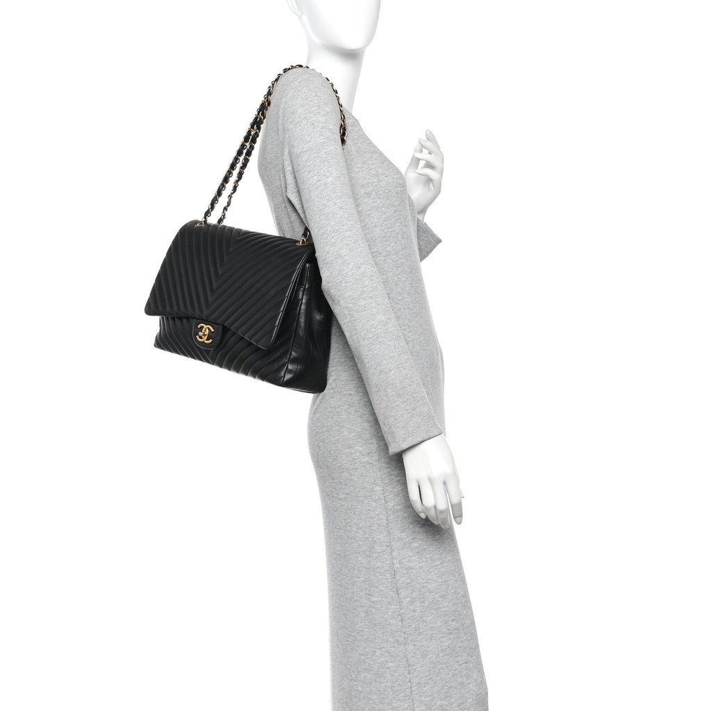 Lambskin Chevron Quilted Maxi Double Flap Black
