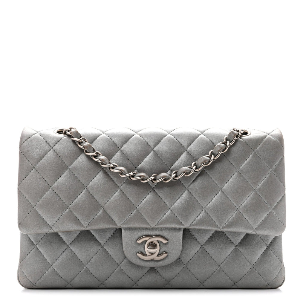 Metallic Lambskin Quilted Medium Double Flap Silver