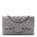 Metallic Lambskin Quilted Medium Double Flap Silver