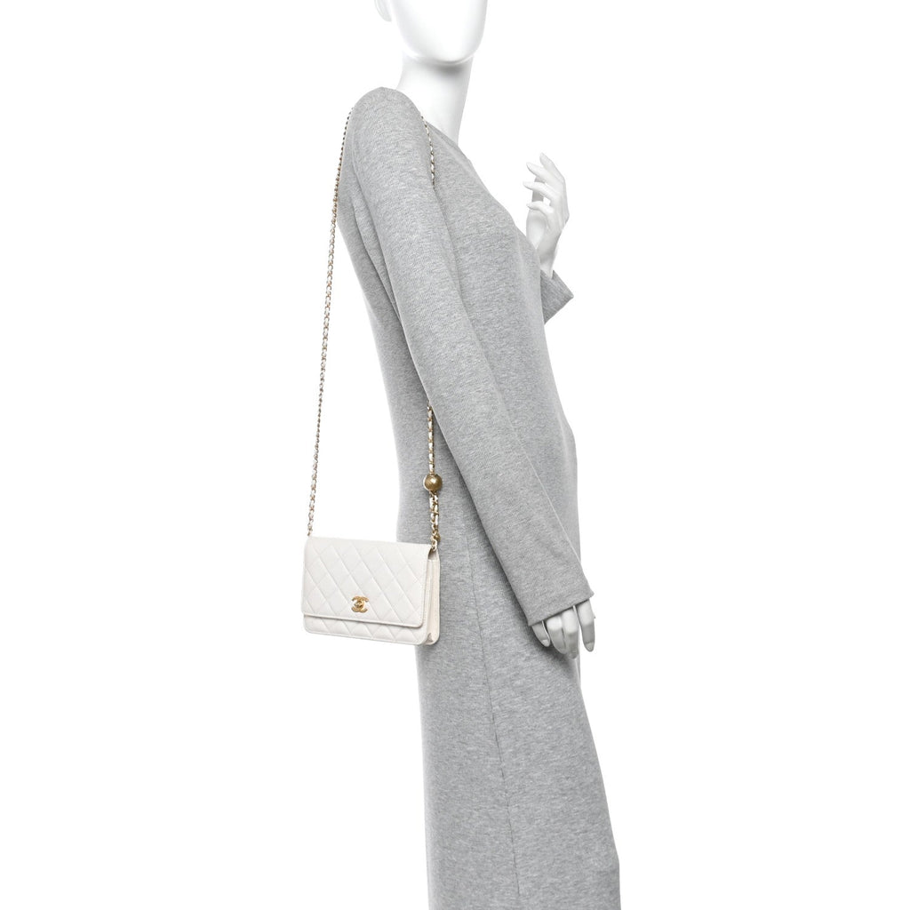 Lambskin Quilted CC Pearl Crush Wallet on Chain WOC White
