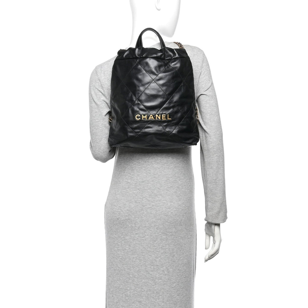 Shiny Calfskin Quilted Chanel 22 Backpack Black