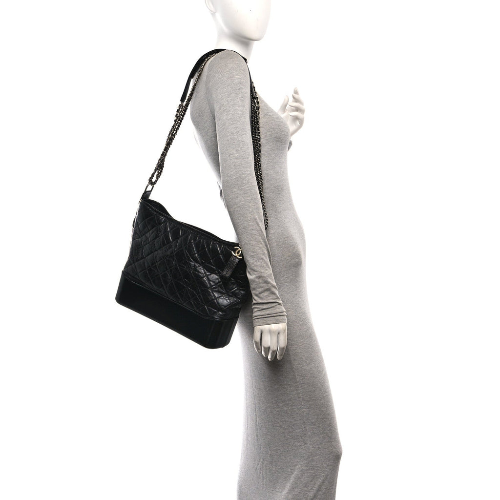 Aged Calfskin Quilted Large Gabrielle Hobo Black