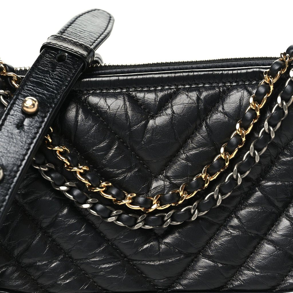 Aged Calfskin Chevron Quilted Small Gabrielle Hobo Black