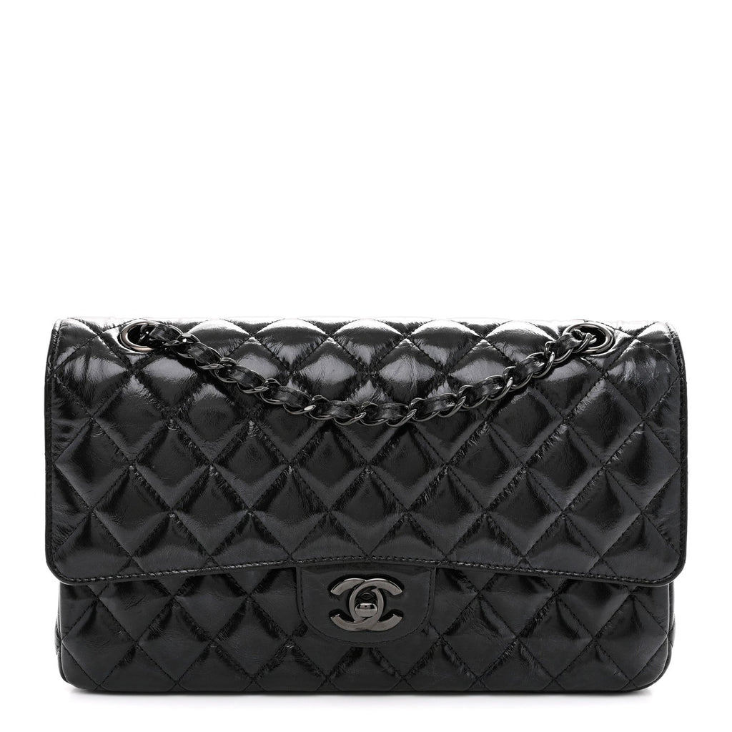 Shiny Crumpled Calfskin Quilted Medium Double Flap So Black